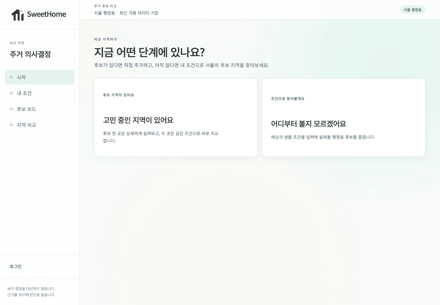 SweetHome 주거 의사결정 시작 화면